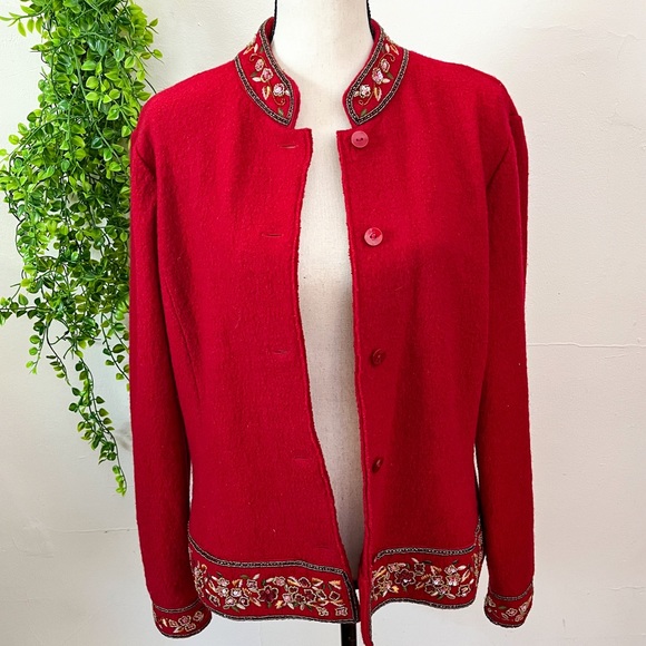 Talbots Vintage Red Wool Embroidered Beaded Jacket Large - Picture 10 of 10